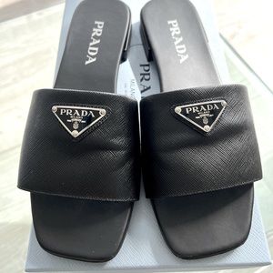 Prada Triangle Logo Plaque Slides Black size 39 w Box